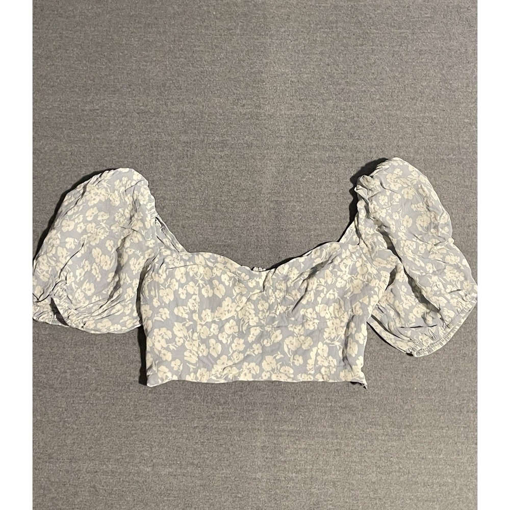 Reformation Floral Puff Sleeve Crop Top Womens Size 6 Blue Cottagecore‎